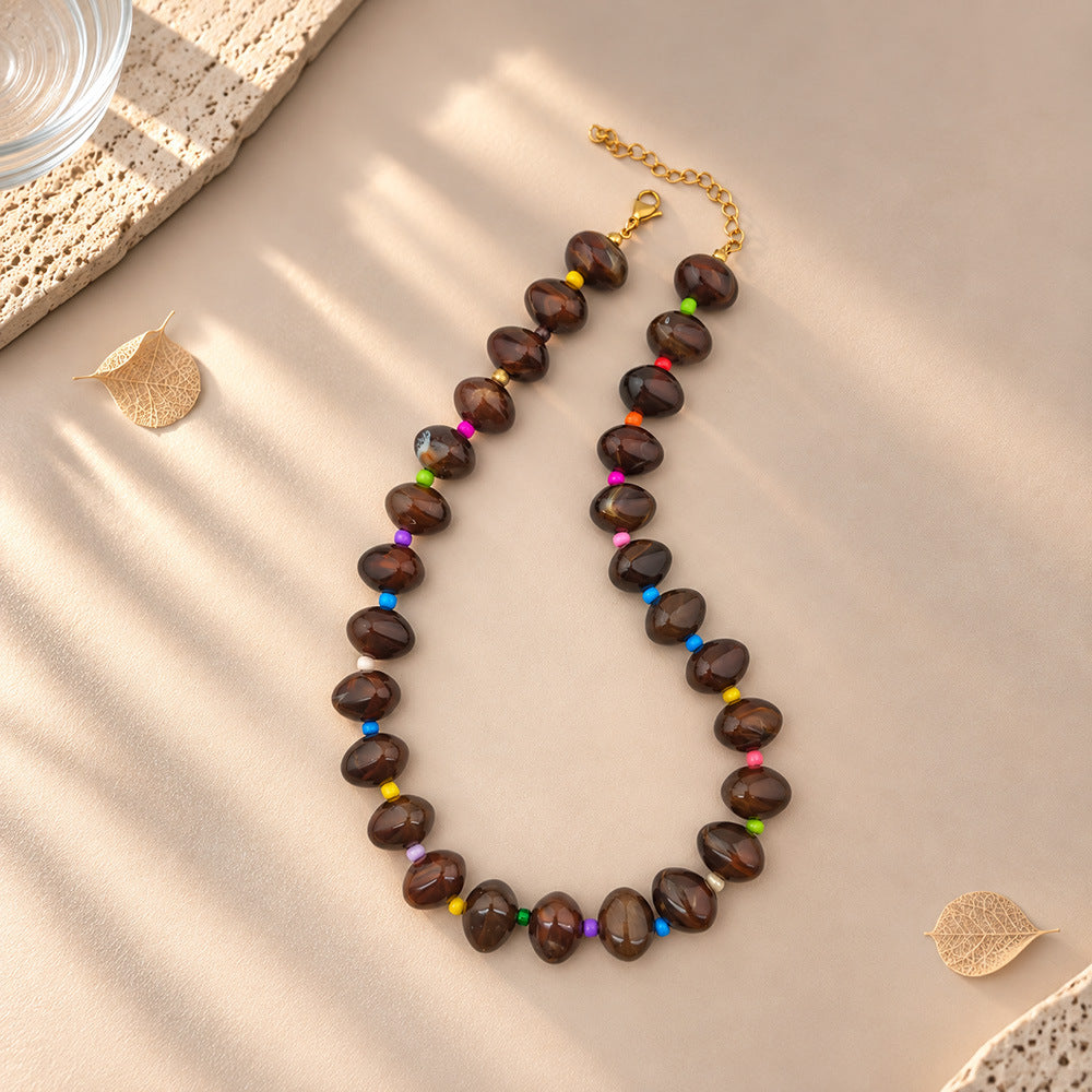 Chunky Oval Bead Necklace with Seed Bead Accents - Coffee