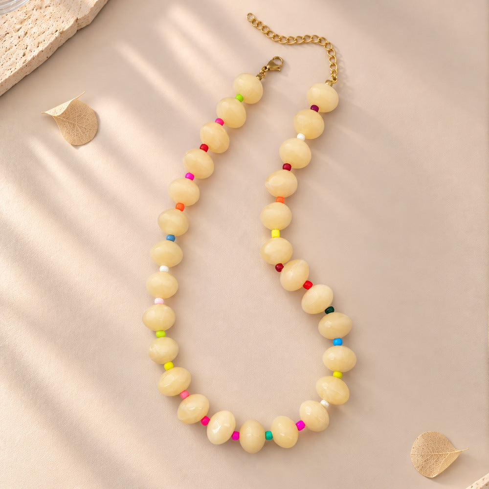 Chunky Oval Bead Necklace with Seed Bead Accents - Cream