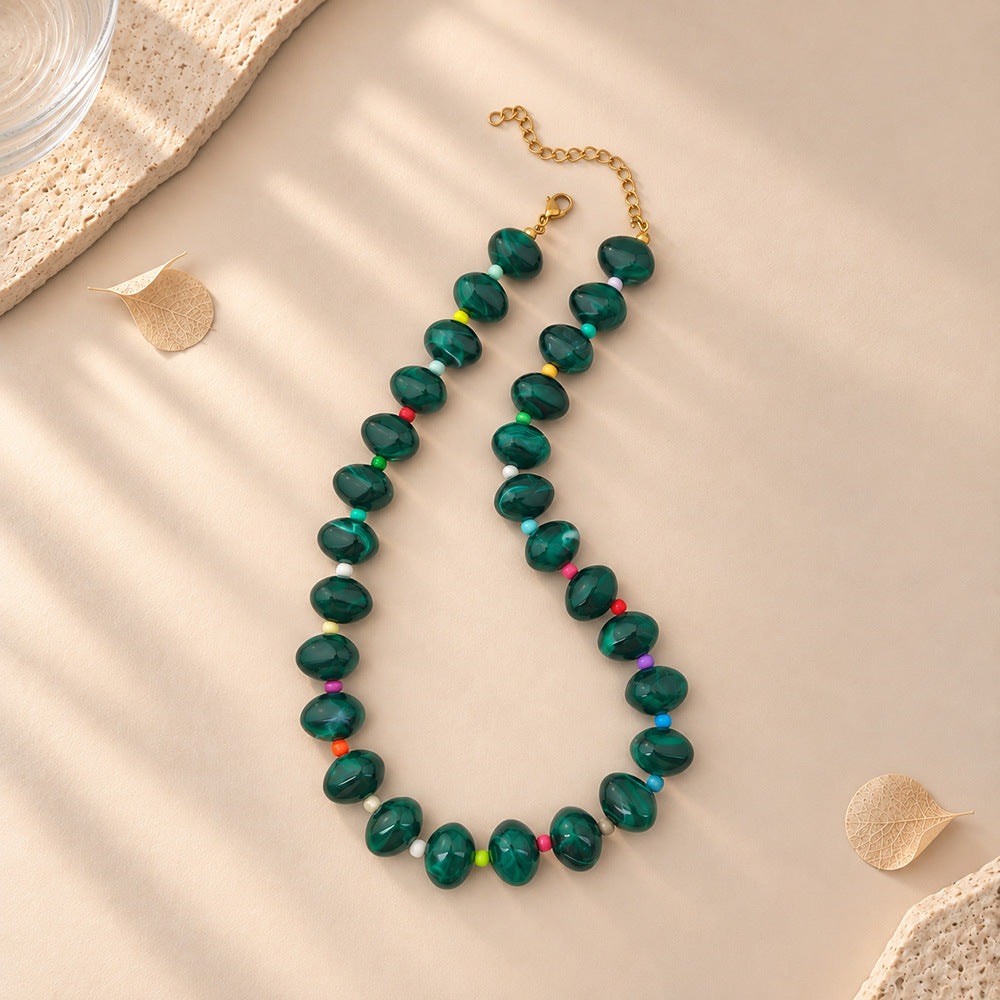 Chunky Oval Bead Necklace with Seed Bead Accents - Dark_Green