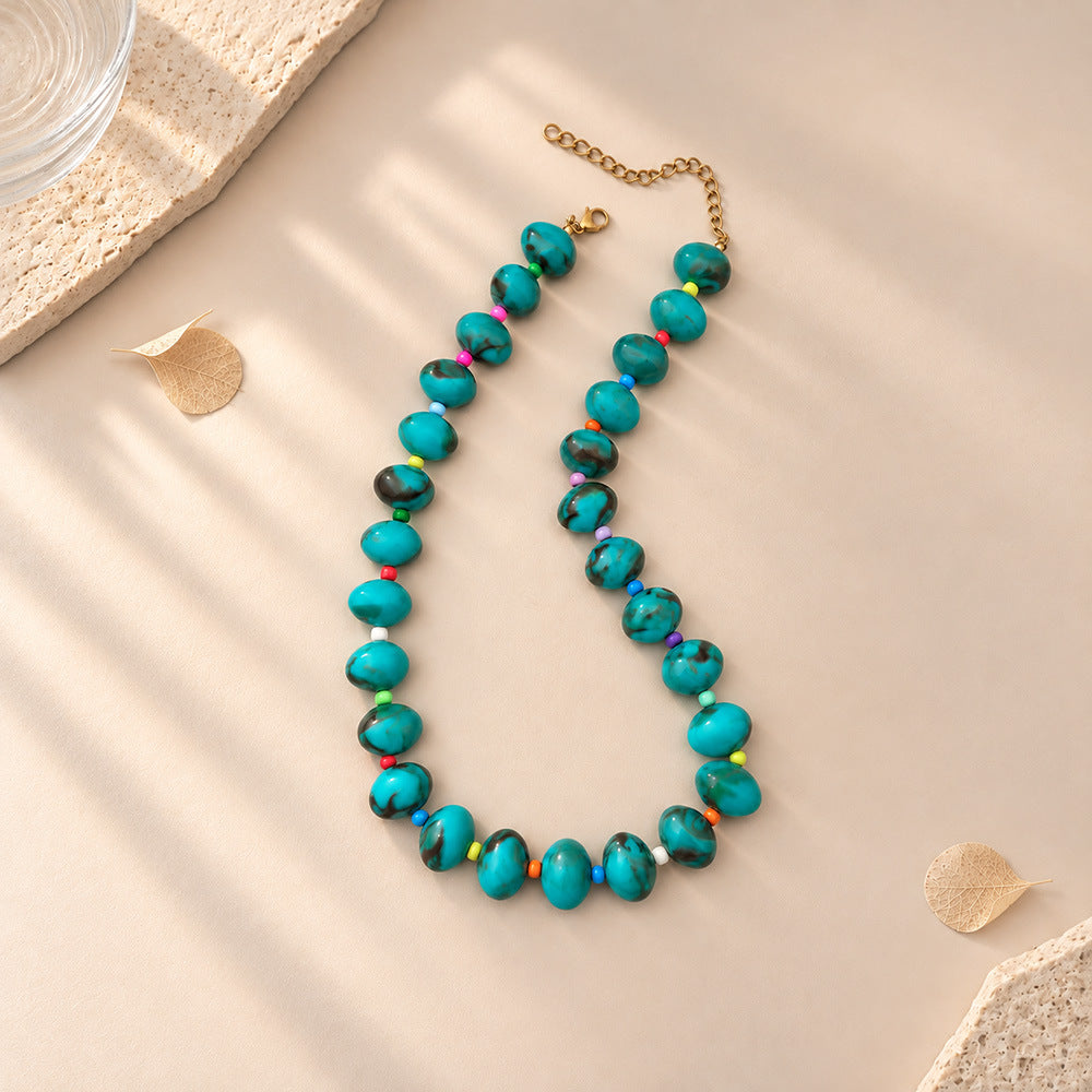 Chunky Oval Bead Necklace with Seed Bead Accents - Green