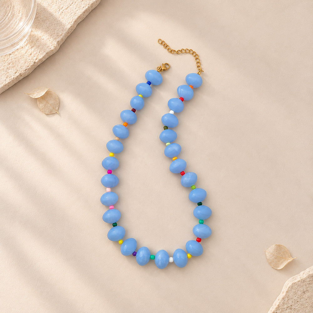 Chunky Oval Bead Necklace with Seed Bead Accents - Light_Blue