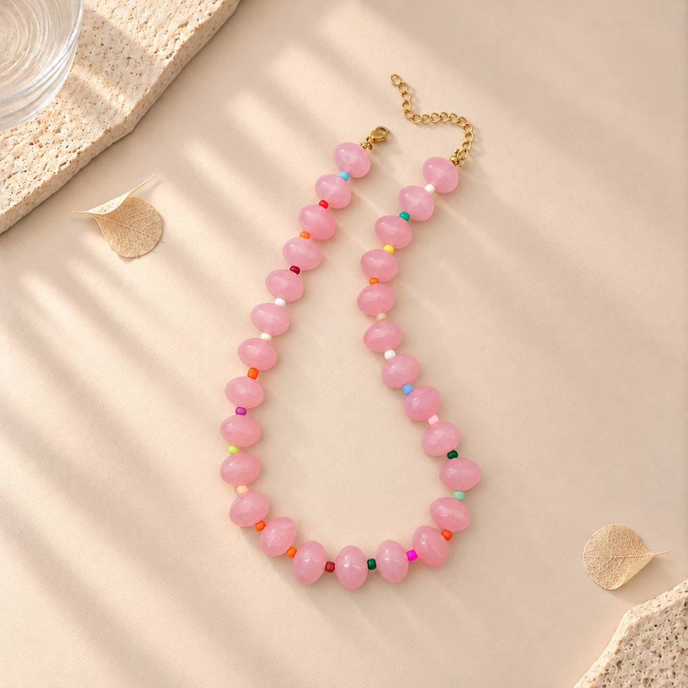 Chunky Oval Bead Necklace with Seed Bead Accents - Light_Pink