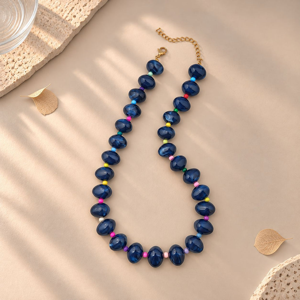 Chunky Oval Bead Necklace with Seed Bead Accents - Navy_Blue