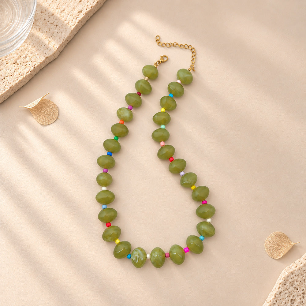 Chunky Oval Bead Necklace with Seed Bead Accents - Olive