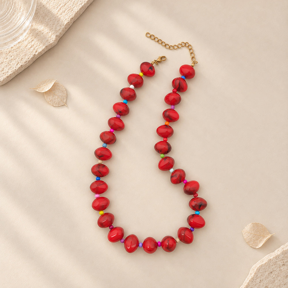 Chunky Oval Bead Necklace with Seed Bead Accents - Red