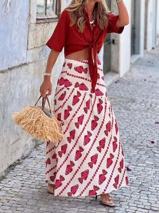 Fish Motif Print Flowing Maxi Skirt - Red