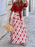 Fish Motif Print Flowing Maxi Skirt - Red