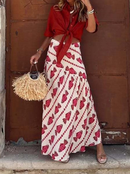Fish Motif Print Flowing Maxi Skirt - Red - 1