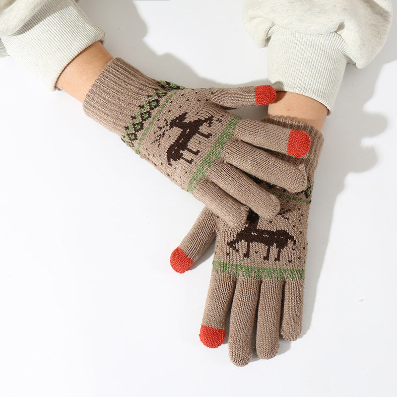 Nordic Reindeer Knit Touchscreen Winter Gloves - Khaki