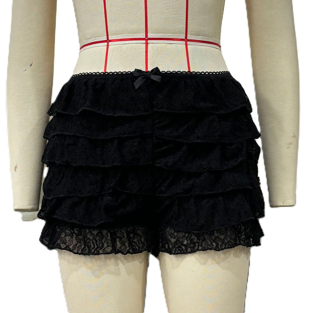 Layered Lace Frill Bow Shorts - Black
