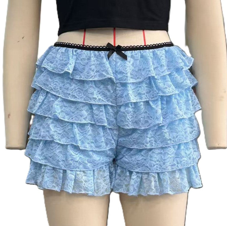 Layered Lace Frill Bow Shorts - Blue