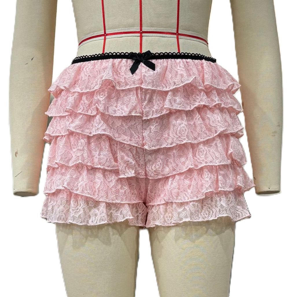 Layered Lace Frill Bow Shorts - Pink