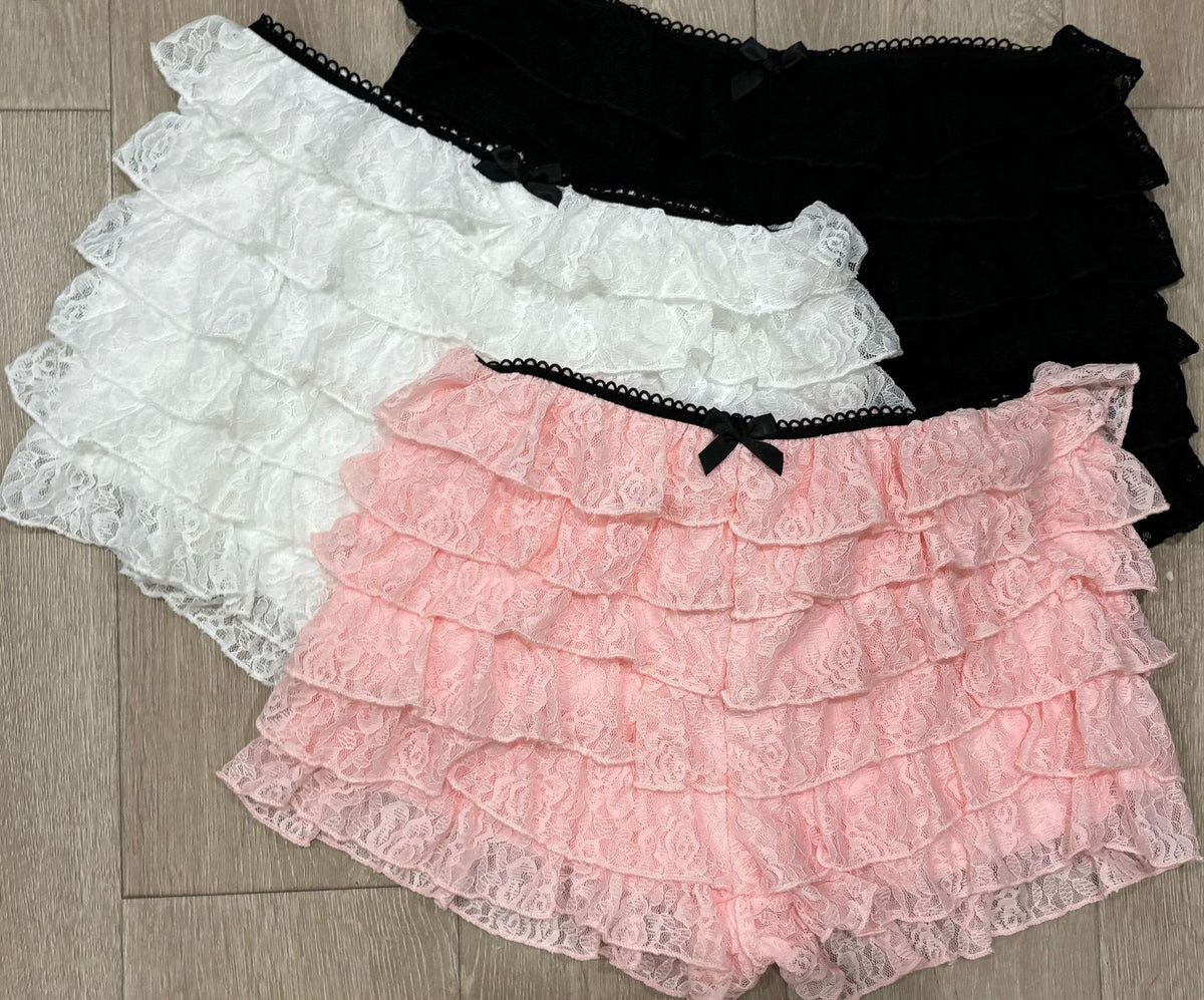 Layered Lace Frill Bow Shorts - Pink - 1