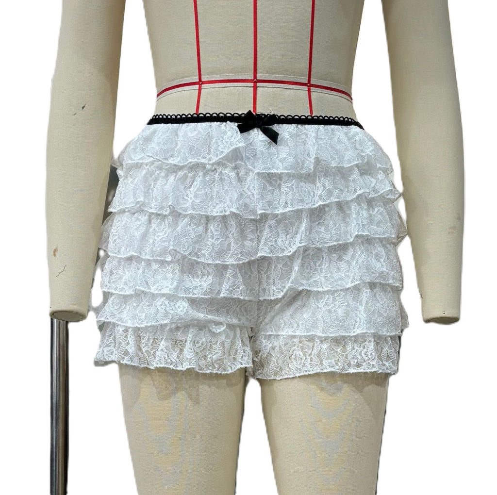 Layered Lace Frill Bow Shorts - White