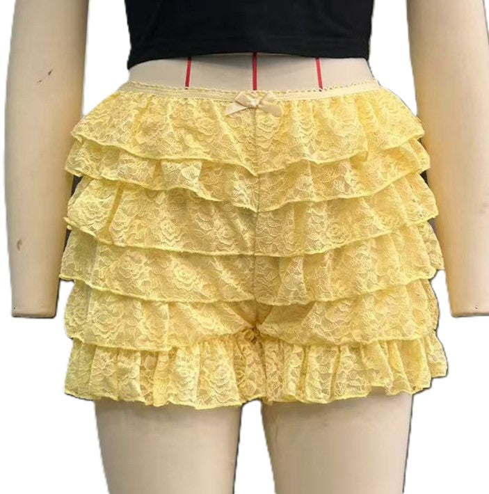 Layered Lace Frill Bow Shorts - Yellow