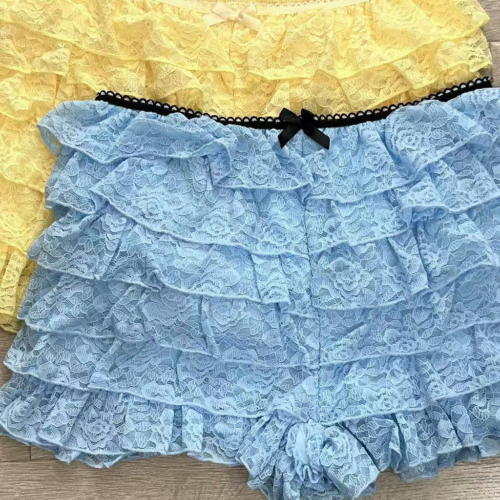Layered Lace Frill Bow Shorts - Yellow - 1