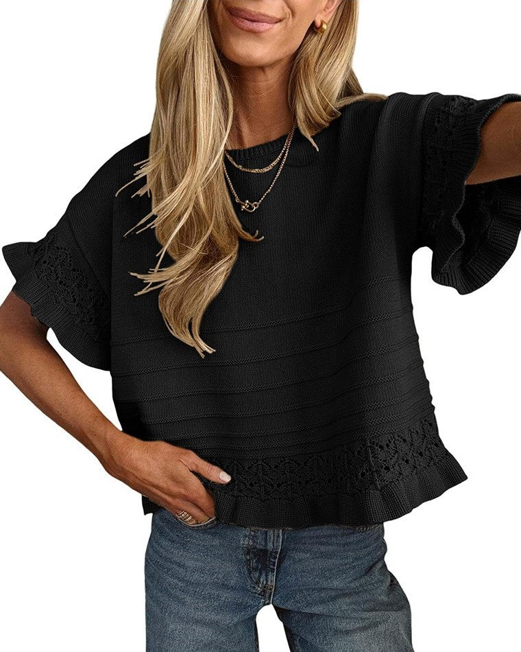 Eyelet Trim Textured Knit Short Sleeve Tee - Black