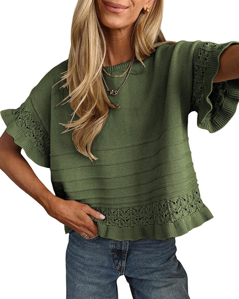 Eyelet Trim Textured Knit Short Sleeve Tee - Green
