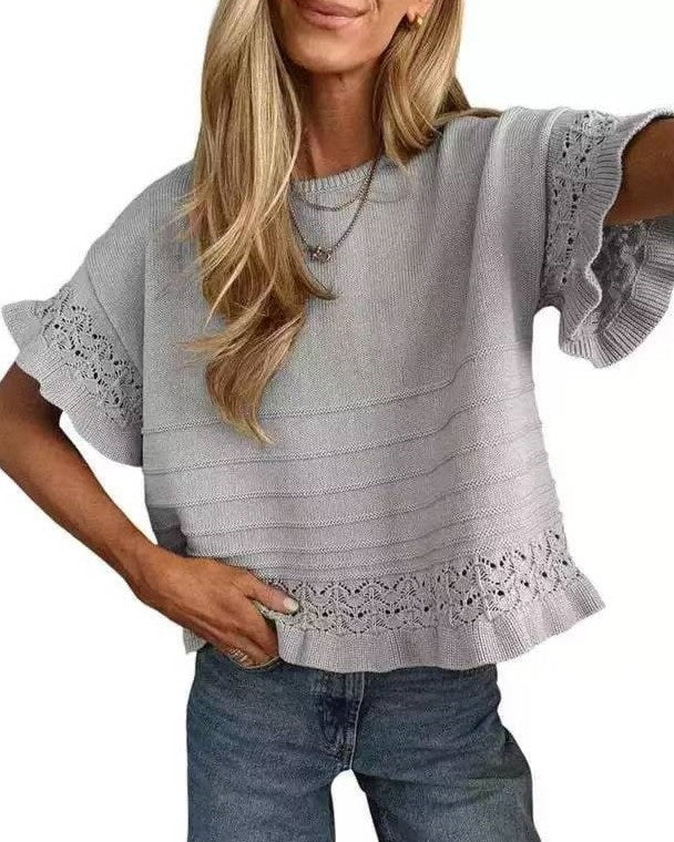 Eyelet Trim Textured Knit Short Sleeve Tee - Grey