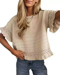 Eyelet Trim Textured Knit Short Sleeve Tee - Khaki