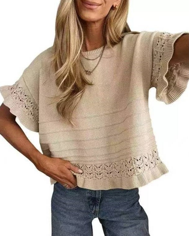 Eyelet Trim Textured Knit Short Sleeve Tee - Khaki