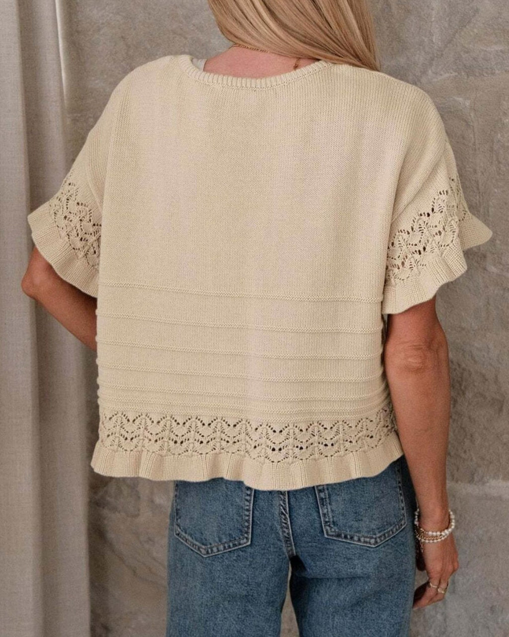 Eyelet Trim Textured Knit Short Sleeve Tee - Khaki - 1