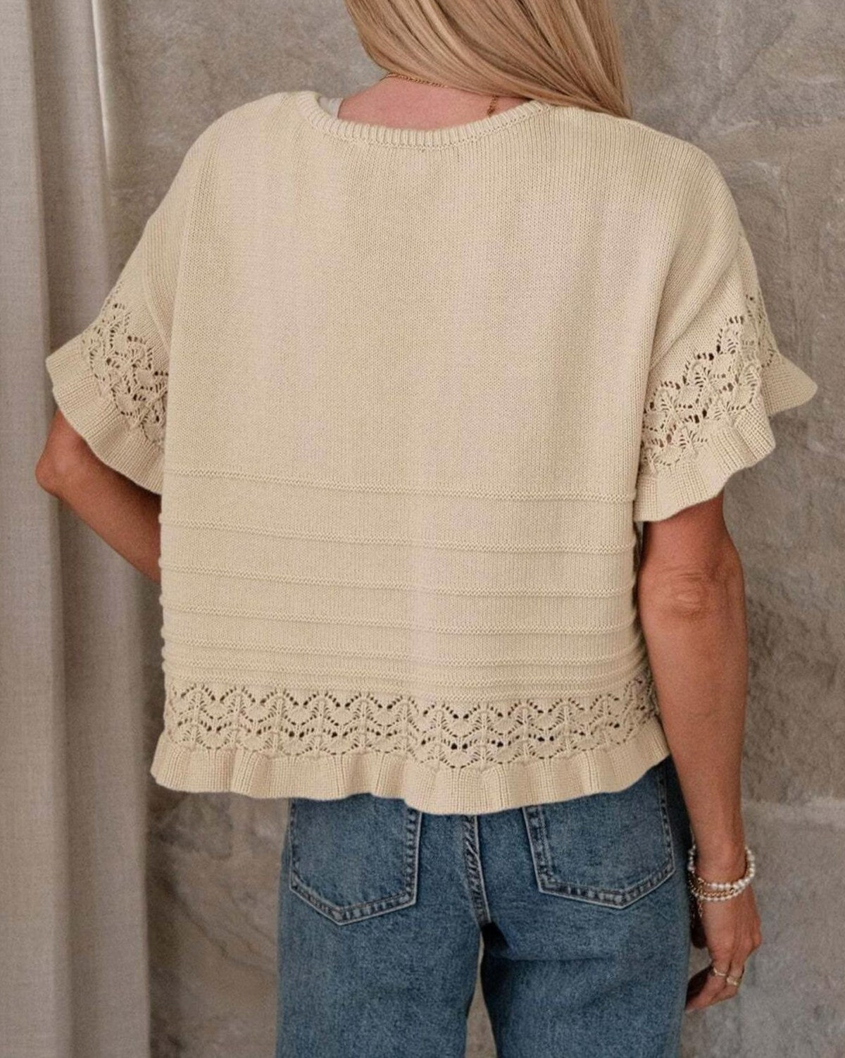 Eyelet Trim Textured Knit Short Sleeve Tee - Khaki - 1