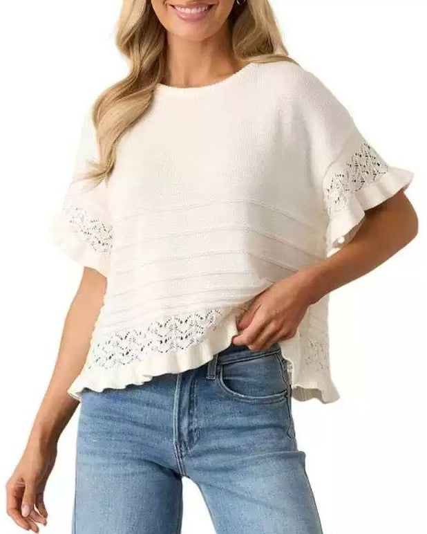Eyelet Trim Textured Knit Short Sleeve Tee - White