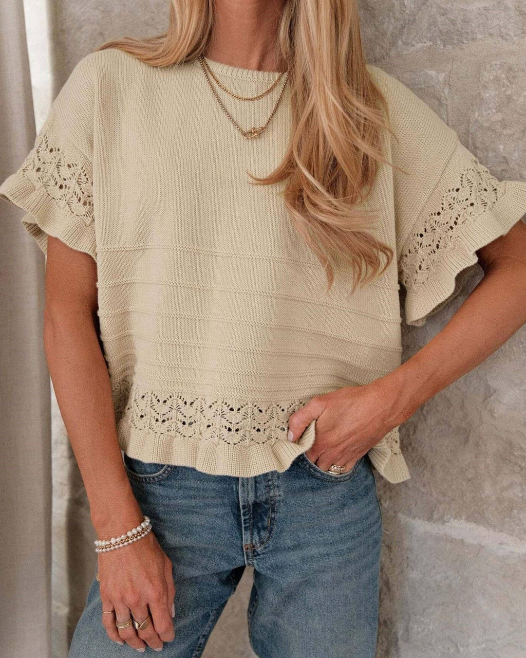Eyelet Trim Textured Knit Short Sleeve Tee