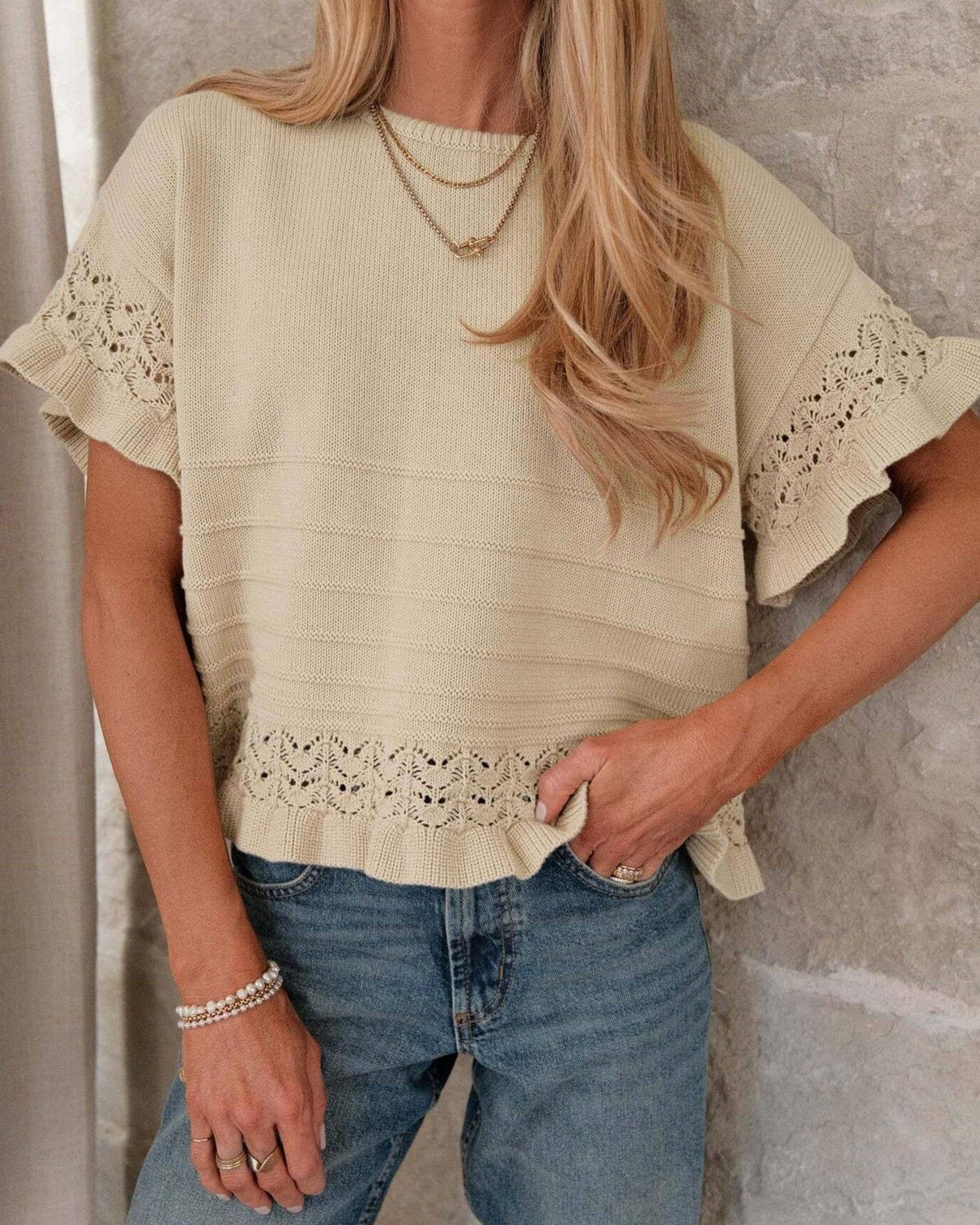 Eyelet Trim Textured Knit Short Sleeve Tee
