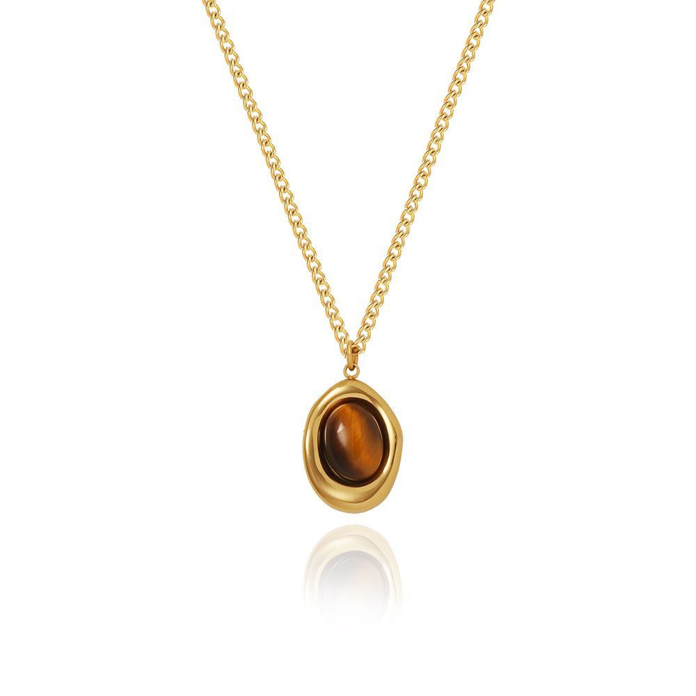 Dainty Oval Stone Pendant Necklace - Gold