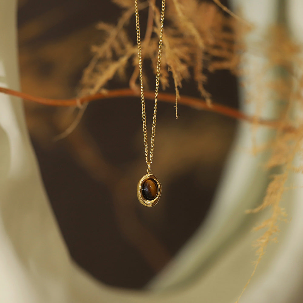 Dainty Oval Stone Pendant Necklace - Gold - 1