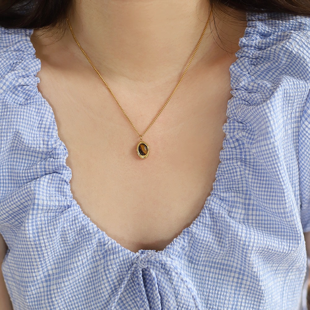 Dainty Oval Stone Pendant Necklace - Gold - 2