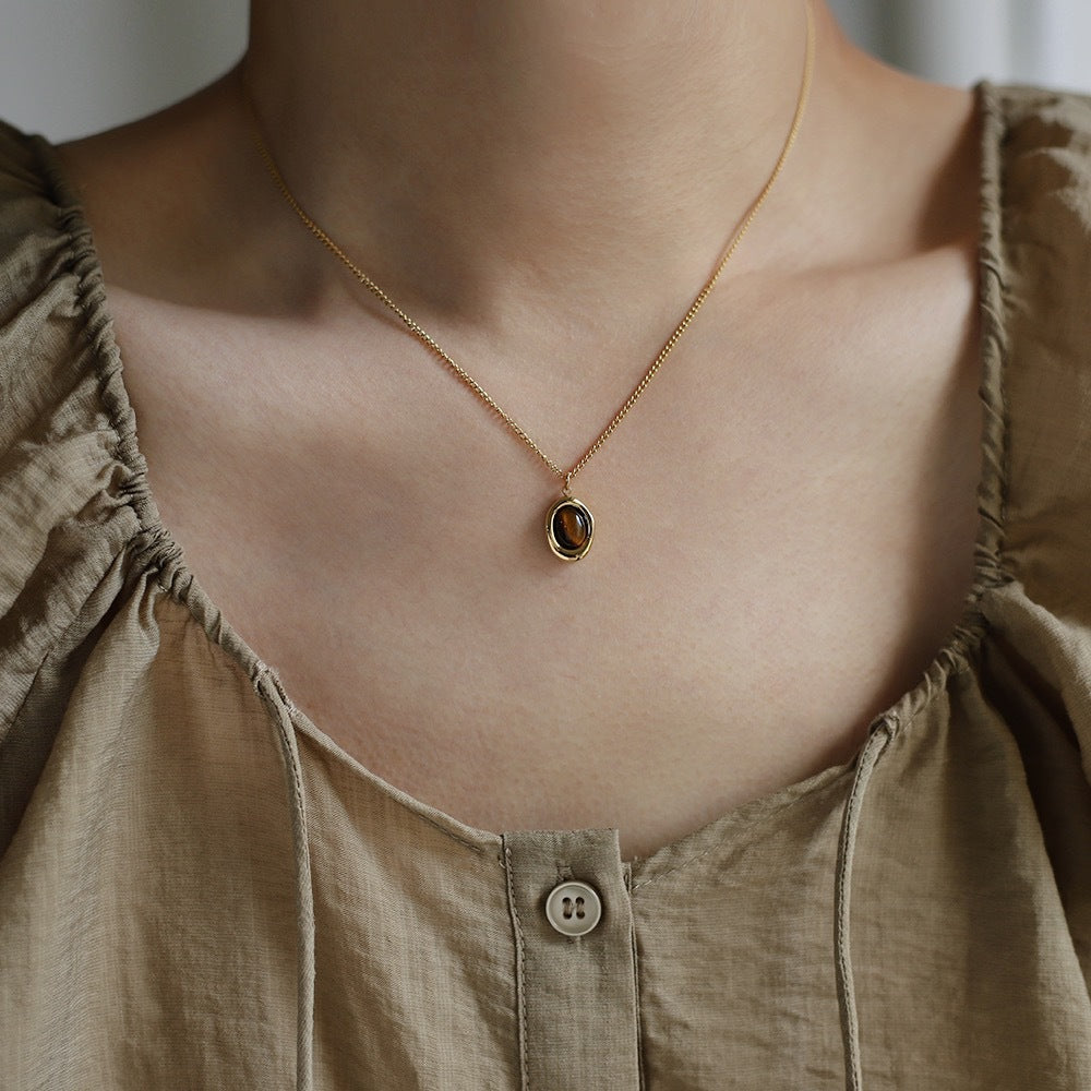 Dainty Oval Stone Pendant Necklace - Gold - 4
