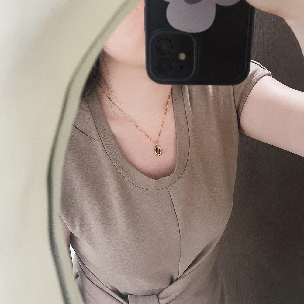 Dainty Oval Stone Pendant Necklace - Gold - 5