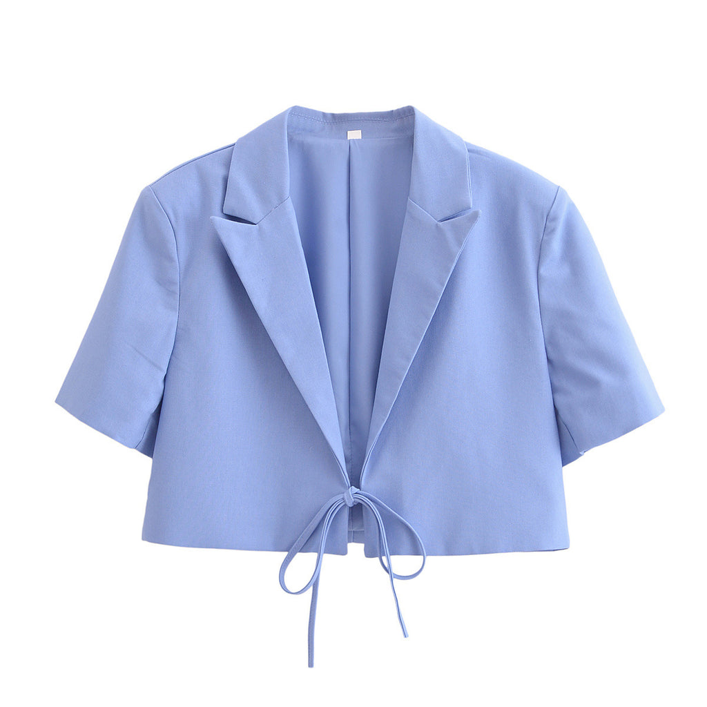 Cropped Short Sleeve Tie Front Blazer - Blue
