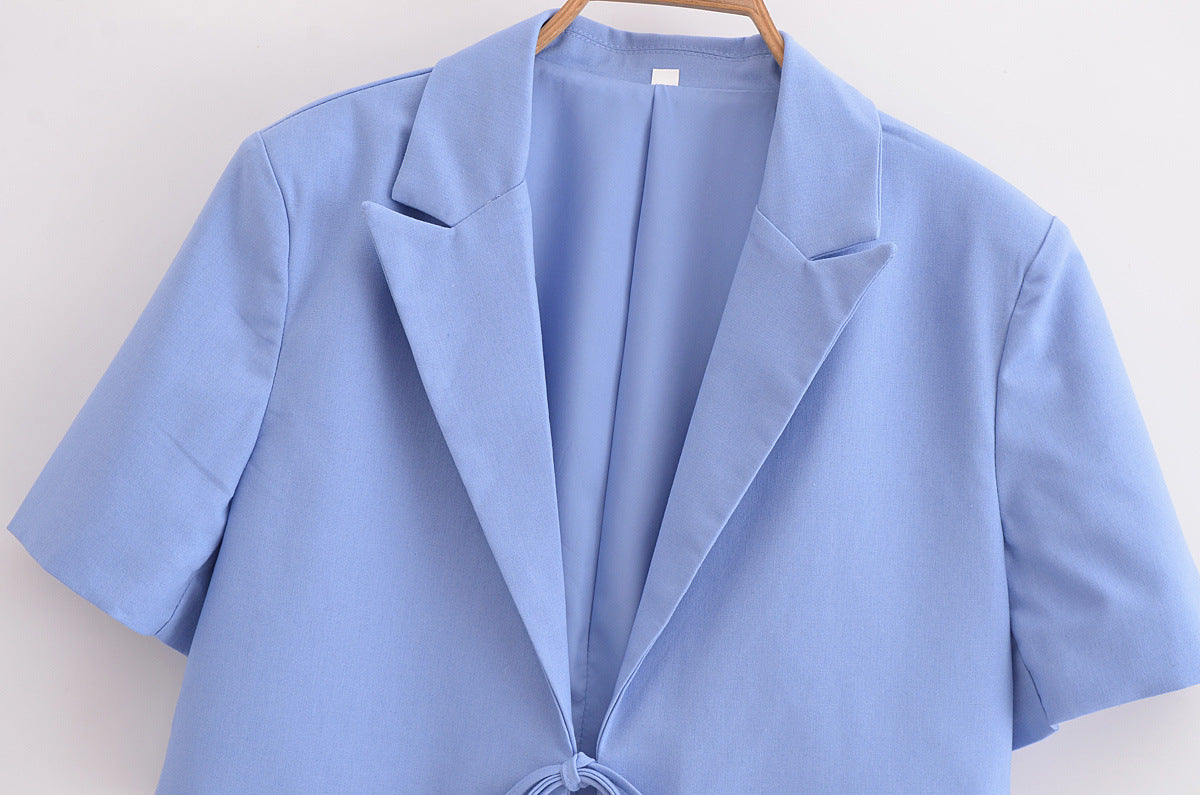 Cropped Short Sleeve Tie Front Blazer - Blue - 2