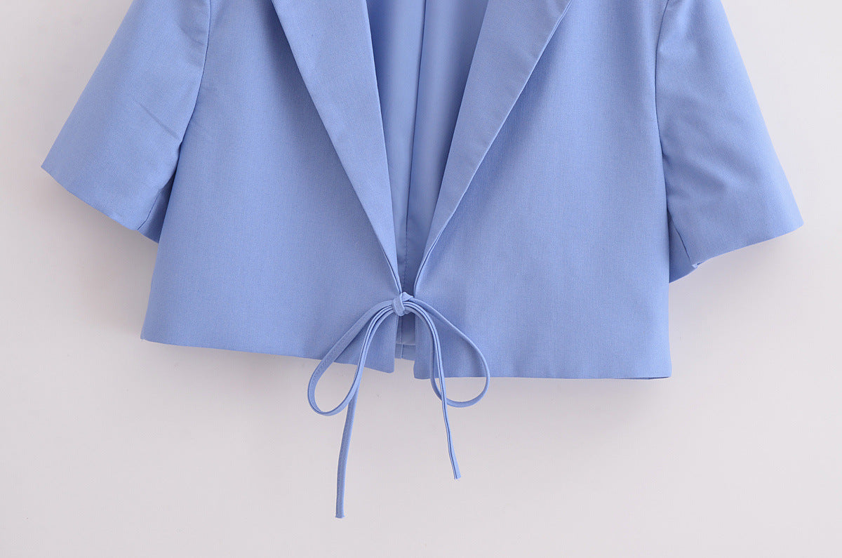 Cropped Short Sleeve Tie Front Blazer - Blue - 3