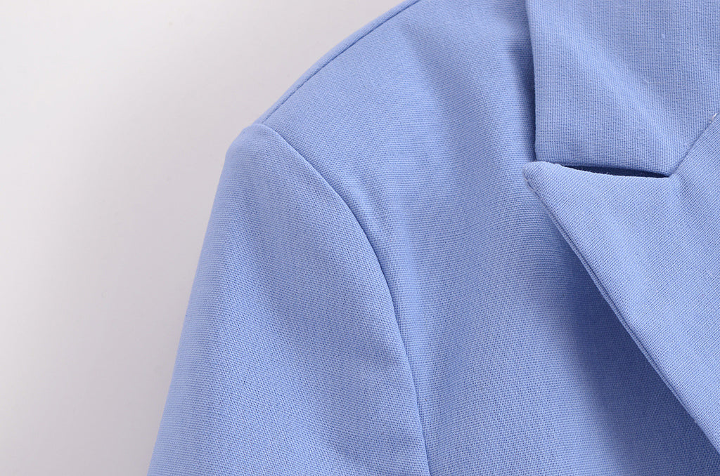 Cropped Short Sleeve Tie Front Blazer - Blue - 4