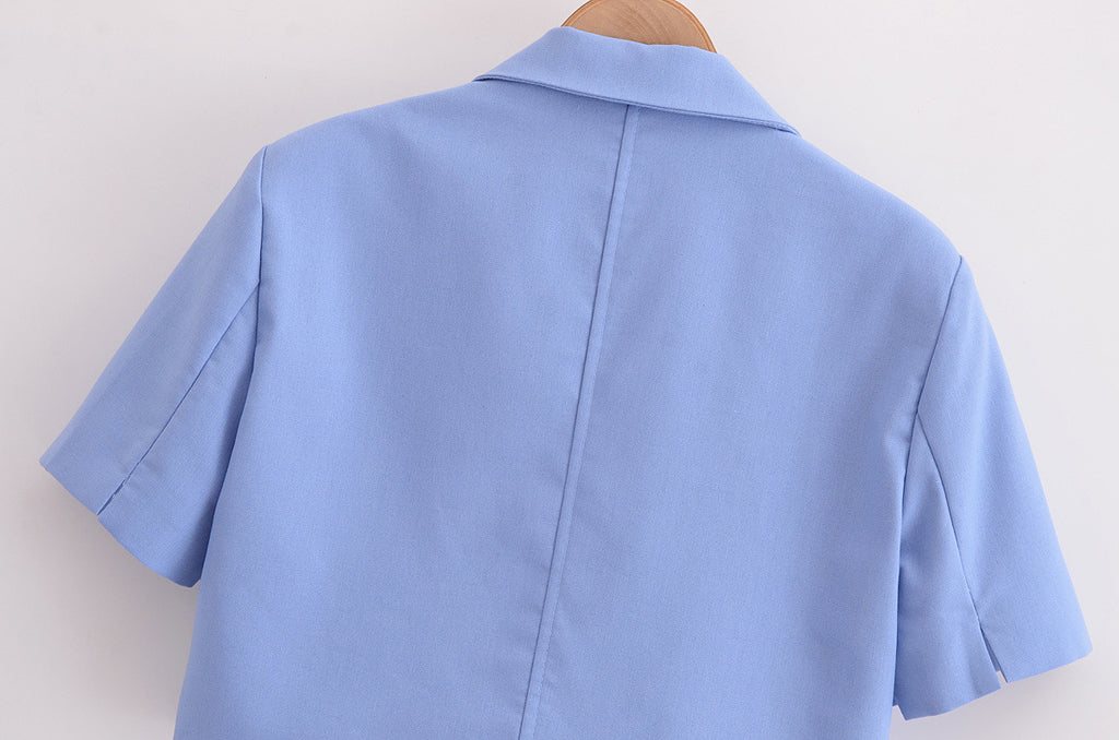 Cropped Short Sleeve Tie Front Blazer - Blue - 8