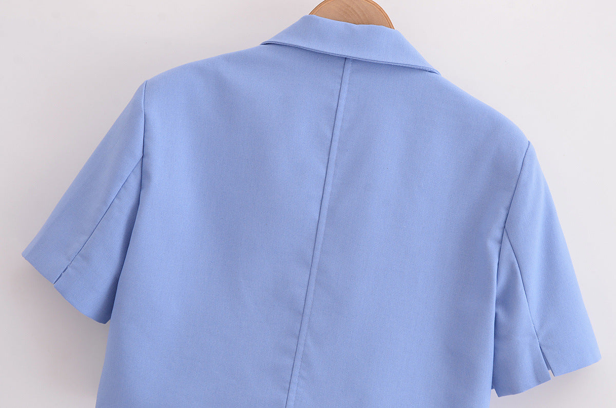 Cropped Short Sleeve Tie Front Blazer - Blue - 8
