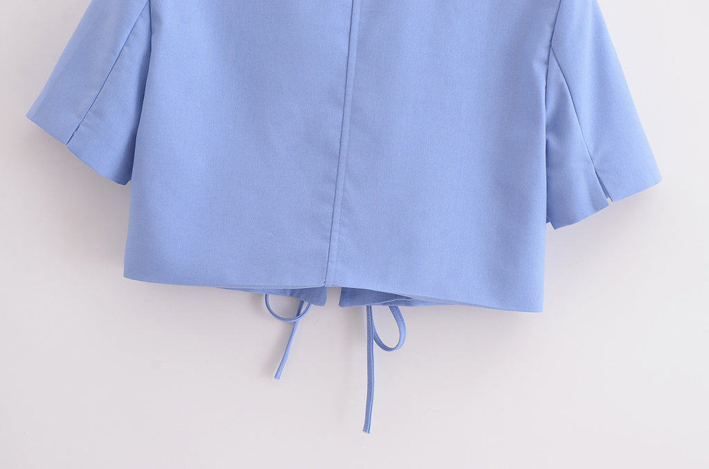 Cropped Short Sleeve Tie Front Blazer - Blue - 9