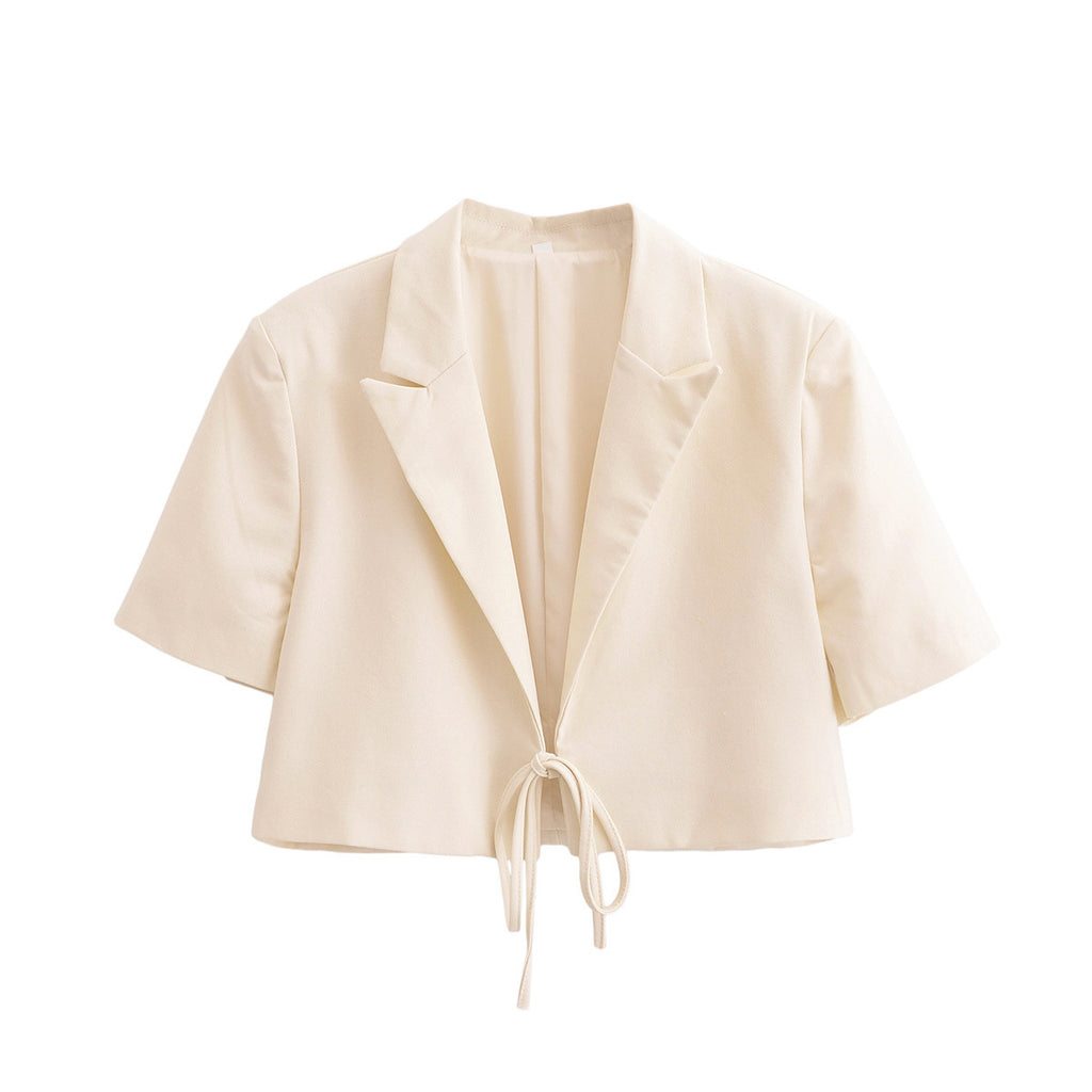 Cropped Short Sleeve Tie Front Blazer - White