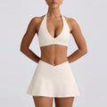 Halter V-Neck Bra and Crossover Tennis Skort Set - Ivory
