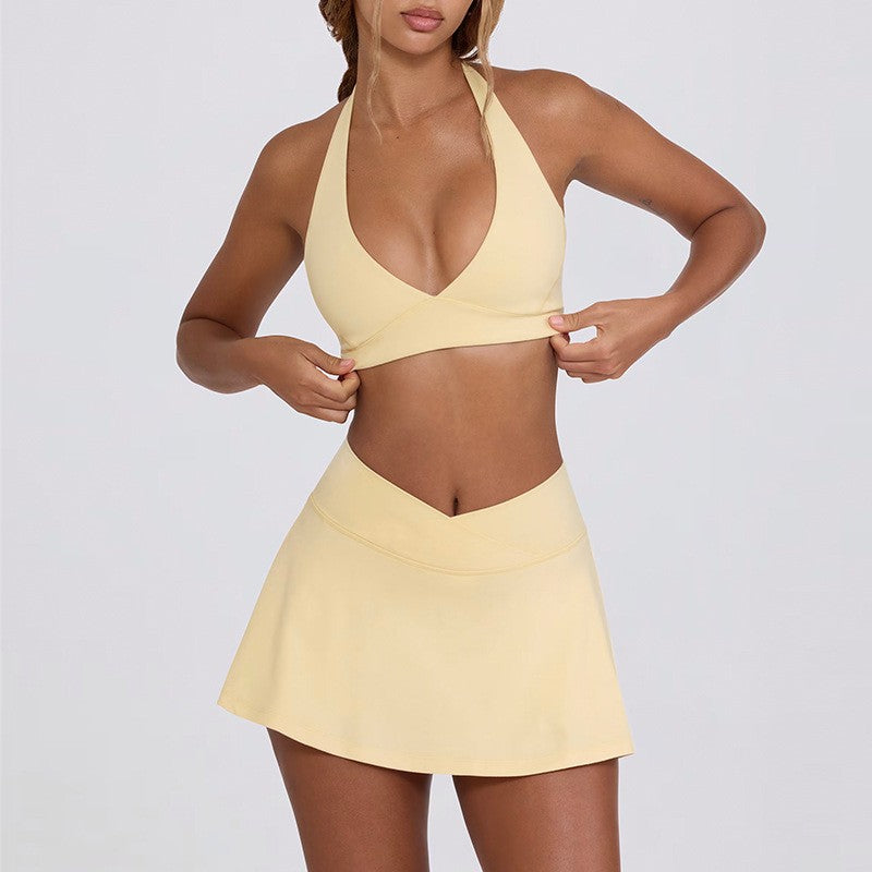Halter V-Neck Bra and Crossover Tennis Skort Set