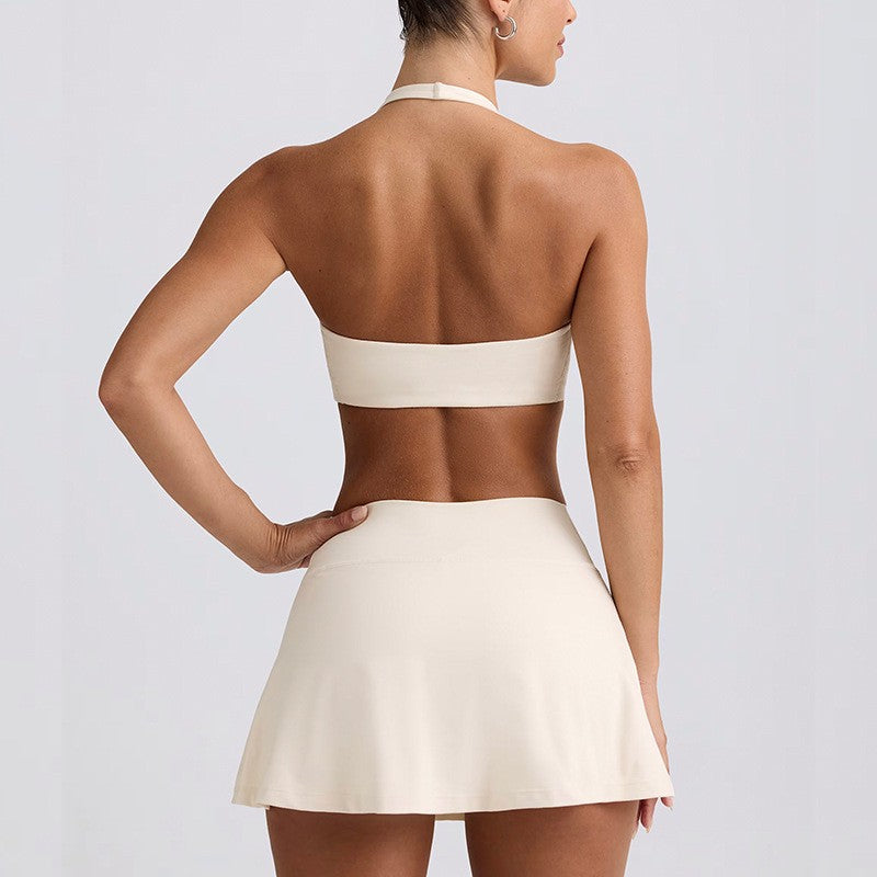 Halter V-Neck Bra and Crossover Tennis Skort Set