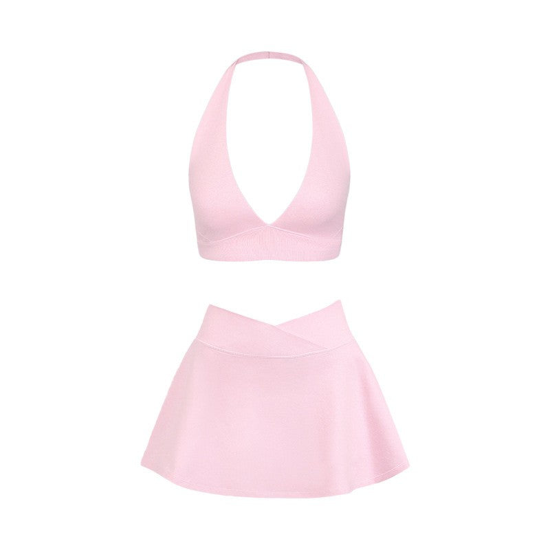 Halter V-Neck Bra and Crossover Tennis Skort Set