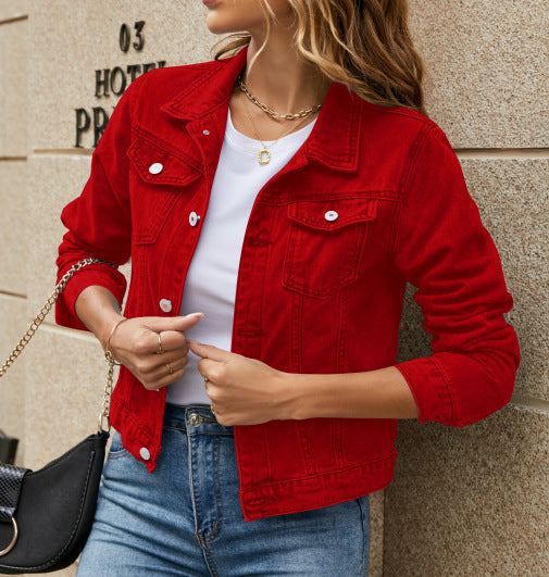 Cropped Denim Trucker Jacket with Flap Pockets - Red