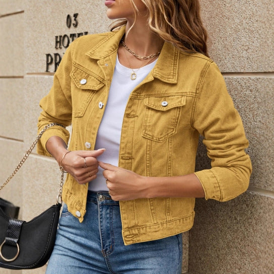 Cropped Denim Trucker Jacket with Flap Pockets - Yellow