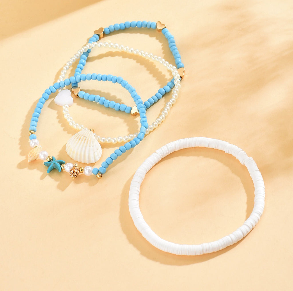 Seashell Starfish Layered Beach Anklet Set - Blue - 3
